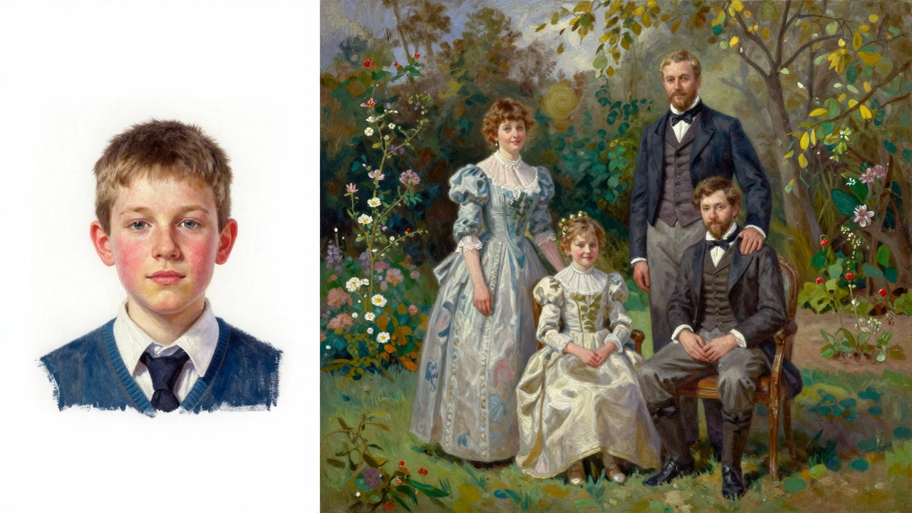 Side-by-side comparison of a small acrylic portrait and a large detailed oil family portrait.