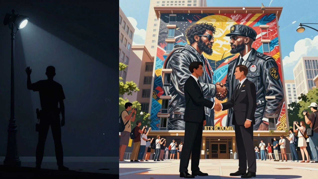 Split image showing an artist’s journey from illegal tagging to commissioned mural.