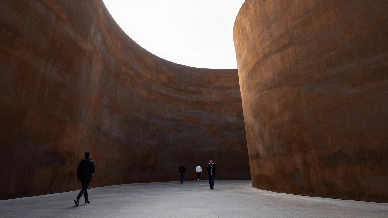 Viewers walk between towering steel walls of a Serra sculpture, surrounded by dramatic light and space.