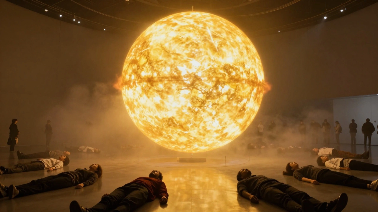 Visitors lying on a reflective floor beneath a large glowing sun made of light and fog in a museum hall.