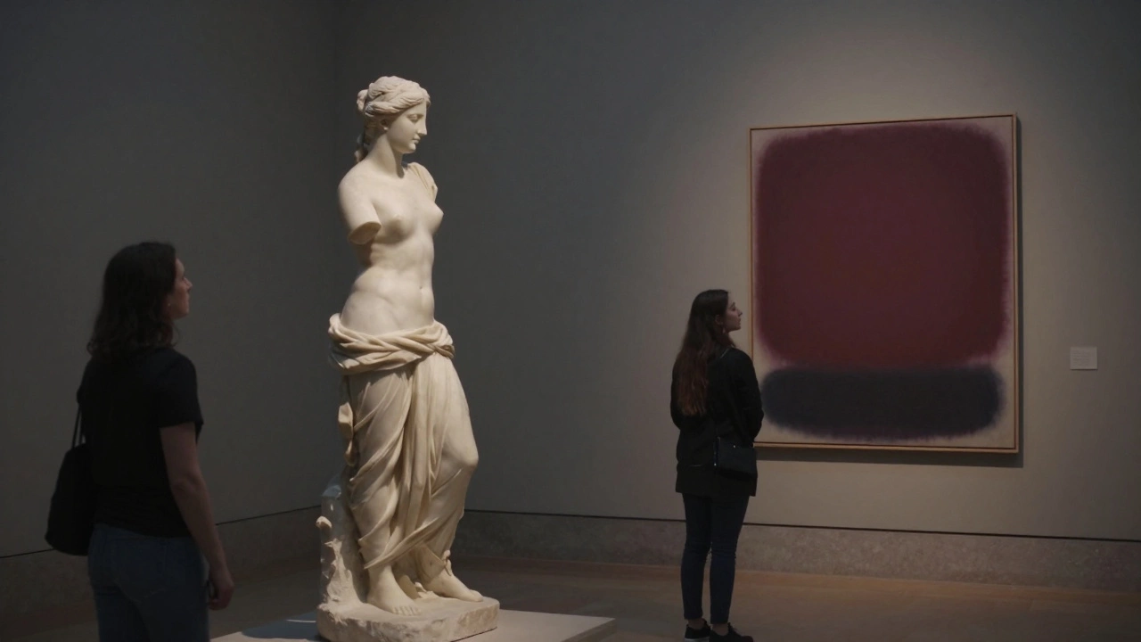 A classical sculpture and a glowing abstract painting side by side in a dimly lit museum, with visitors contemplating both.