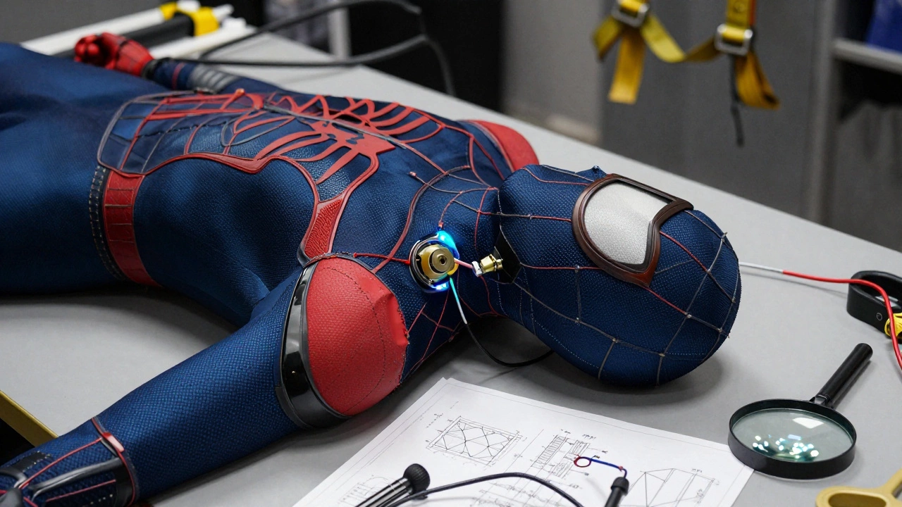 A damaged Spider-Man costume on a workbench with tools and LED wiring, highlighting its high-tech construction.