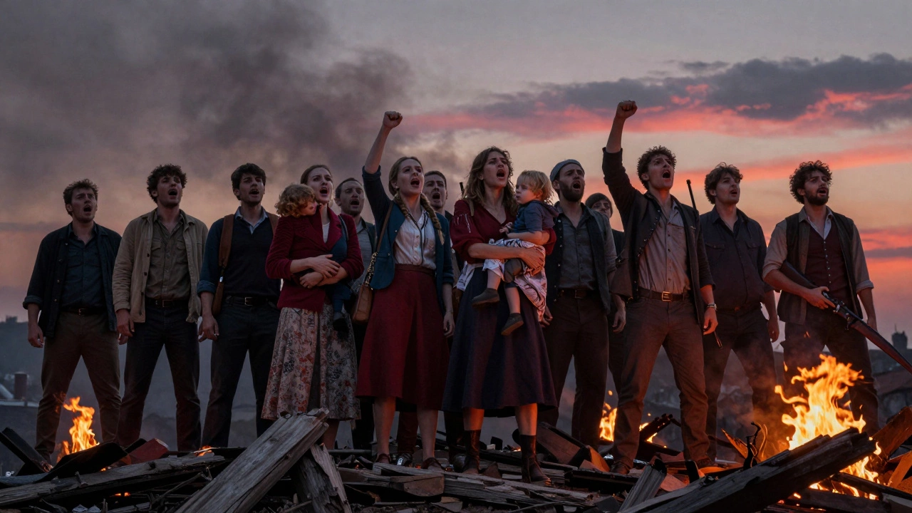 A group of revolutionaries sing together on a barricade, firelight illuminating their determined faces as dawn breaks above.