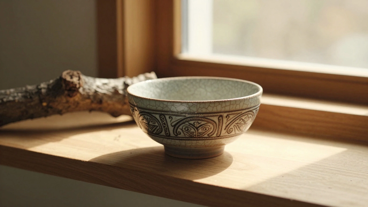 A handcrafted ceramic bowl with cracked glaze and traditional Māori embroidery rests beside a fallen tree branch.