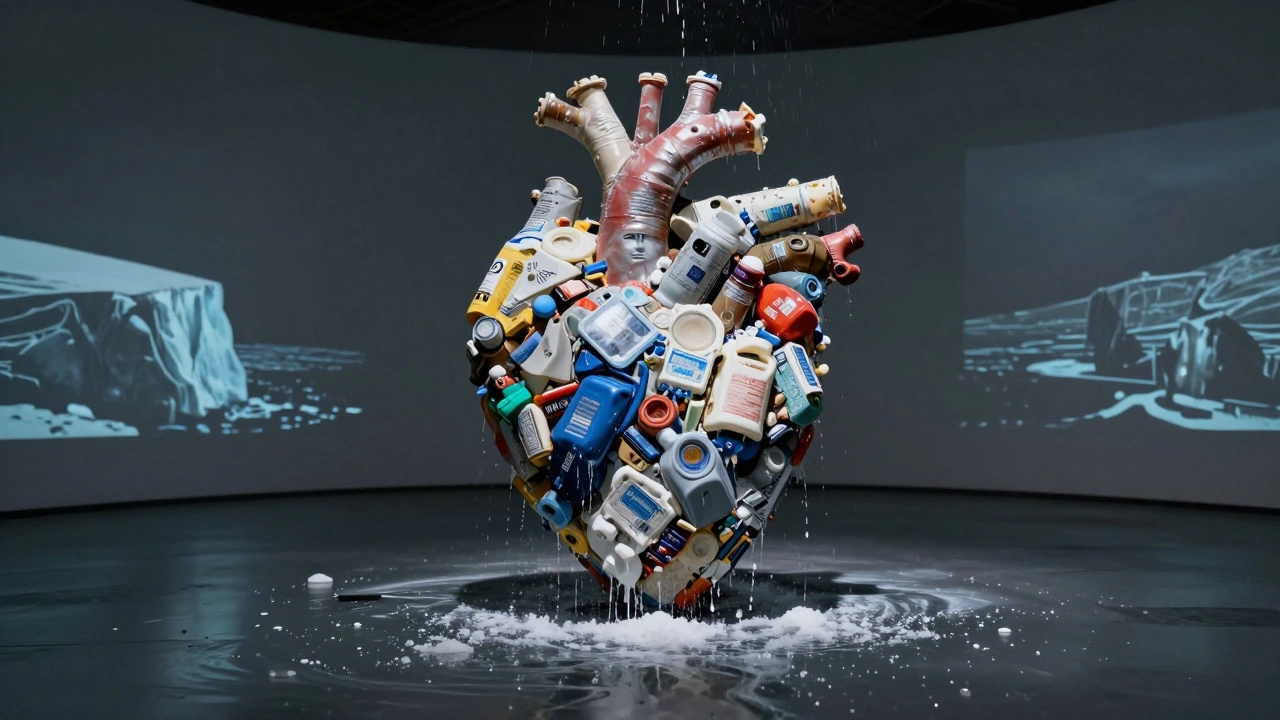 A heart-shaped sculpture made of recycled ocean plastic slowly dissolves under dripping saltwater in a museum.