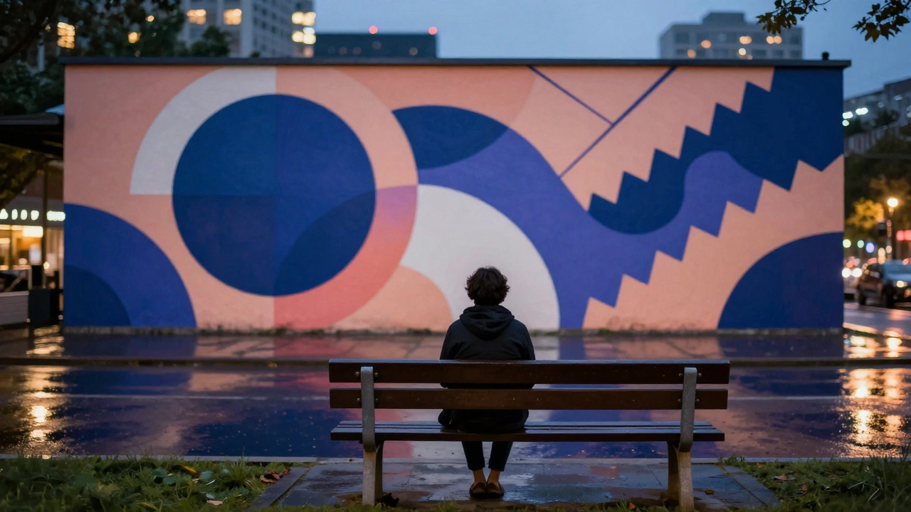 A person sitting on a bench at dusk, gazing at a colorful abstract mural reflected in a rain-filled puddle.
