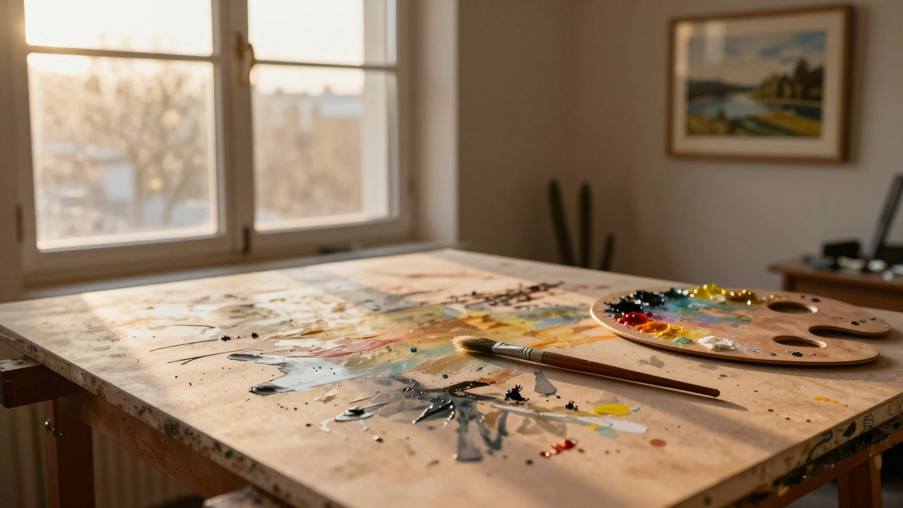 An artist's studio with sunlight illuminating a chaotic canvas and an upside-down realistic painting on the wall.