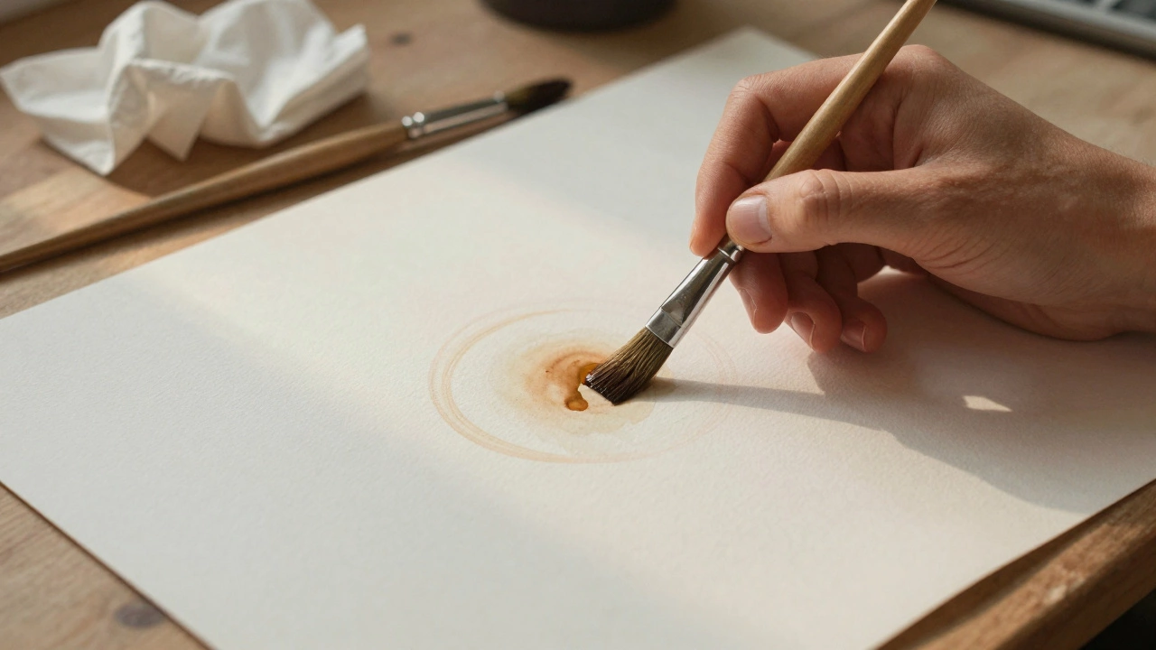 An artist carefully lifting pigment from damp paper with a clean brush, leaving a faint halo.
