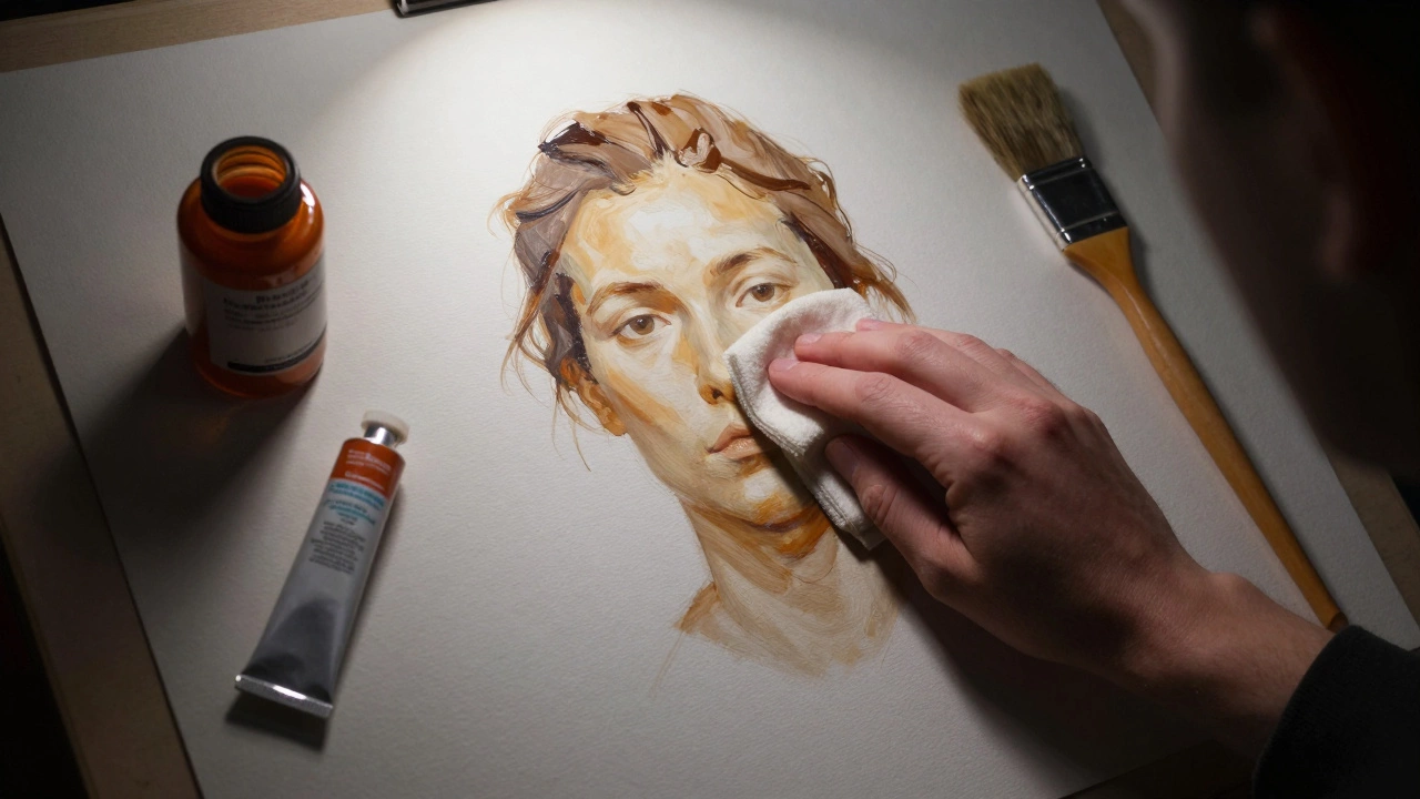 An artist using a rag to remove excess paint from light areas of an underpainting on canvas.