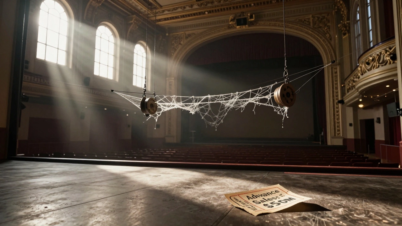An empty Broadway stage at dawn with abandoned rigging equipment and a single crumpled ticket stub.