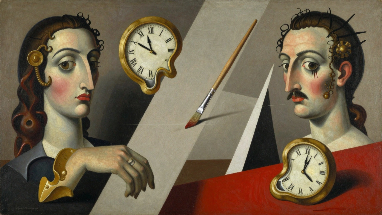 Cubist and Surrealist elements fused: fragmented faces, melting clocks, and floating paintbrush in a dreamlike abstract space.