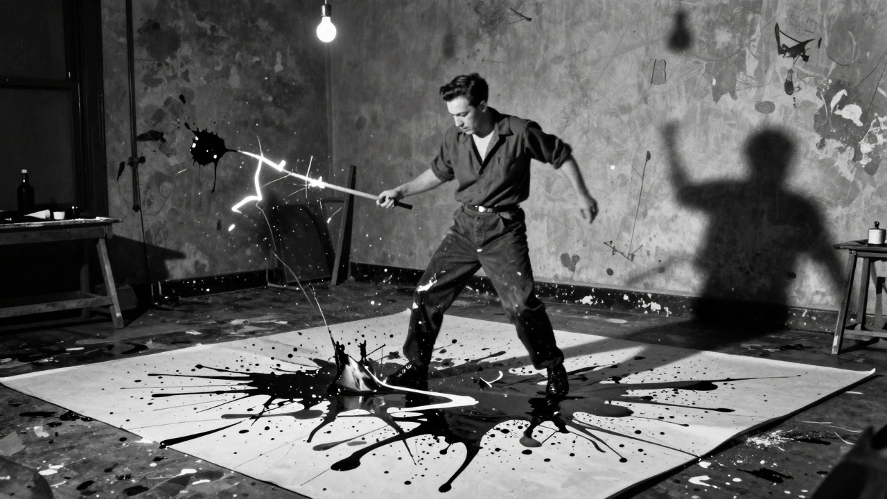 Jackson Pollock mid-motion, flinging paint onto a large canvas on the floor, with splatters frozen in dynamic motion.