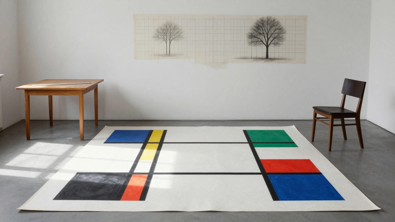 Piet Mondrian carefully arranging black lines and primary-colored rectangles on a canvas in a sparse, minimalist studio.