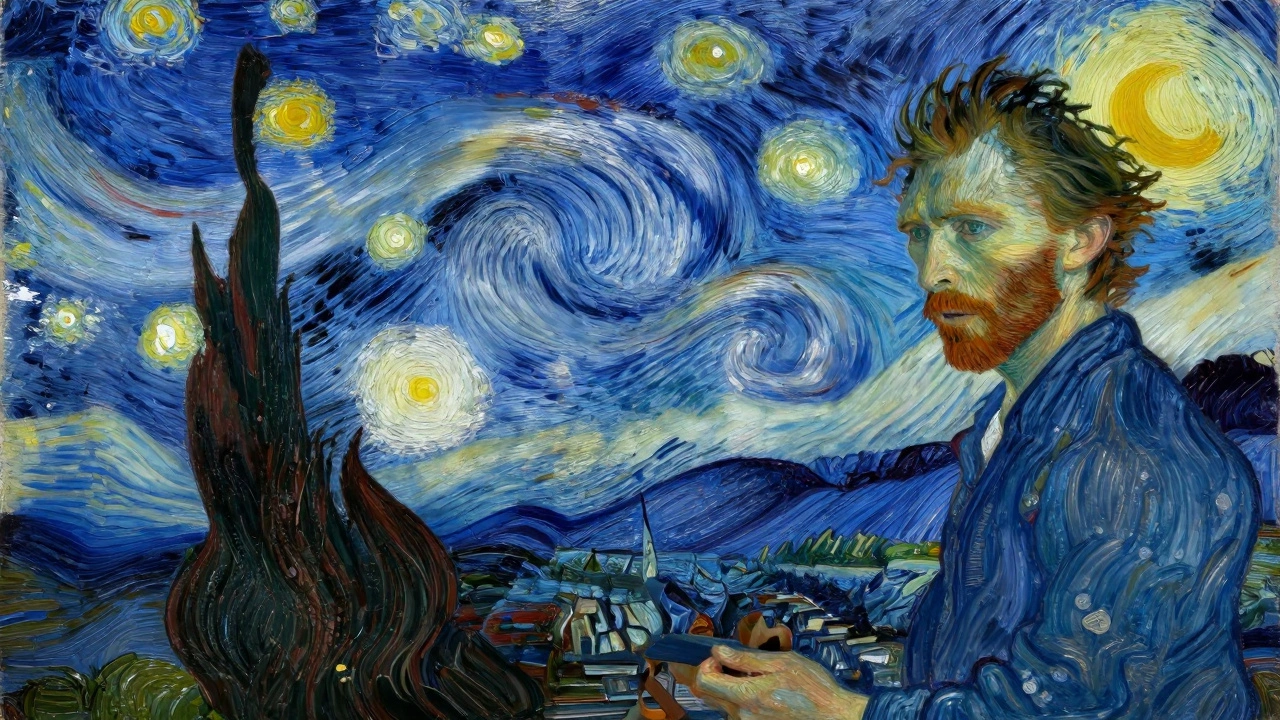 Vincent van Gogh painting the swirling night sky of 'The Starry Night' with bold, emotional brushstrokes under a luminous starry heavens.