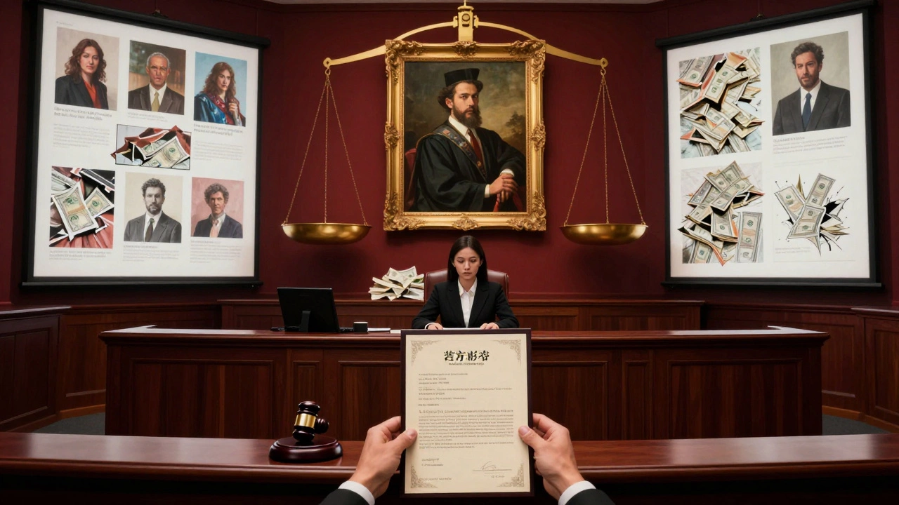 A courtroom scene with a judge, a business owner, and digital projections of copied art on a massive scale.
