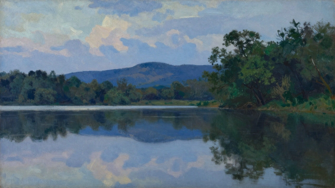 A lake reflecting twilight skies and distant blue hills, with deep green tree shadows.