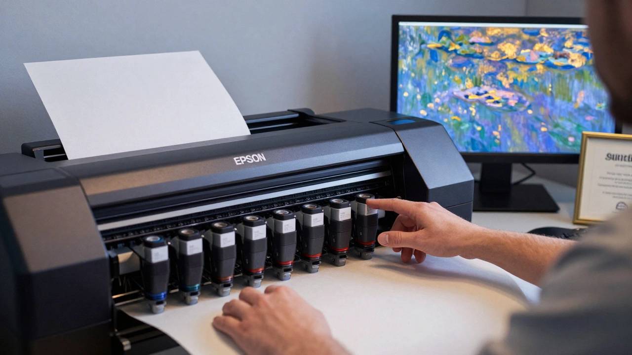 A master printer’s hands adjusting a professional inkjet printer with multiple ink cartridges, beside a digital artwork scan.