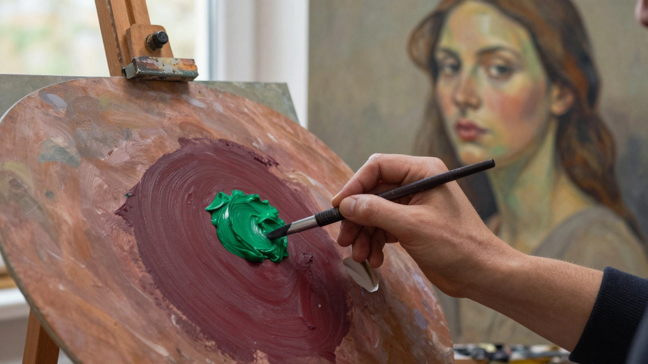 An artist's hand mixing green into maroon paint to create a shadow tone for a portrait, natural light in studio.