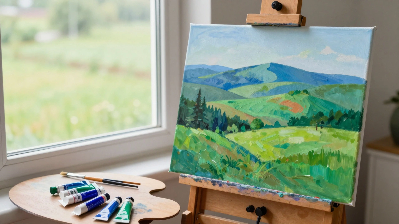 An artist's palette and canvas showing a landscape built only with green and blue tones.