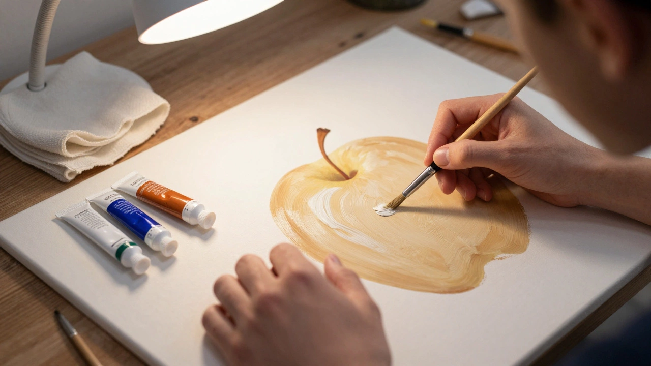 An artist’s hands blending oil paint on canvas, focusing on the form of an apple.