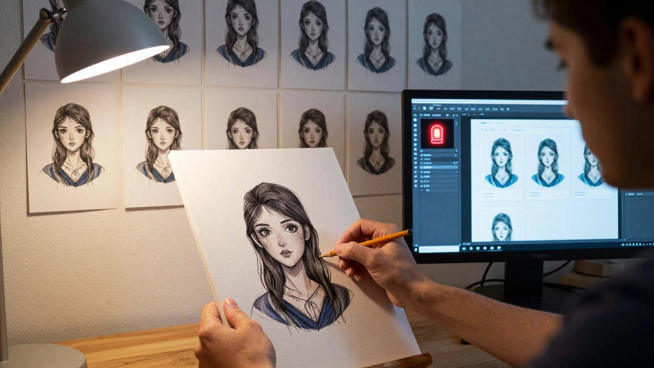 An artist tracing a copyrighted digital image while automated bots scan online marketplaces for copies.