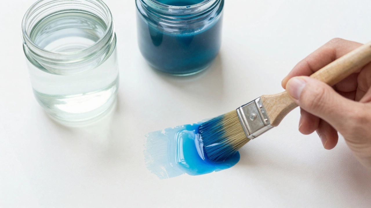 Artist applying blue watercolor wash with brush on damp paper.
