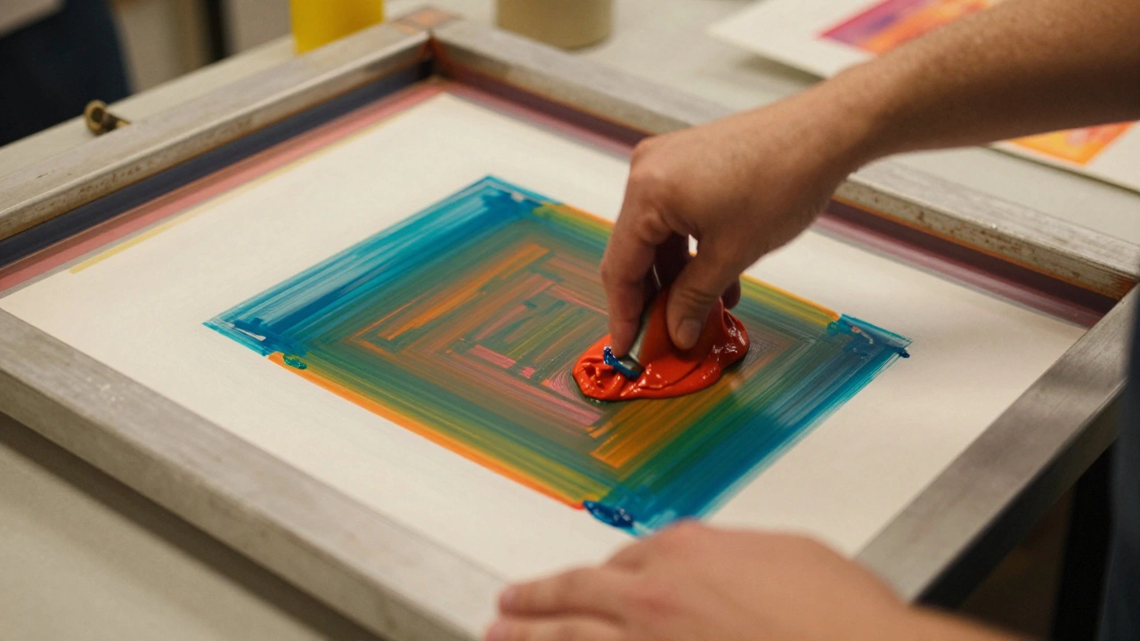 Artist applying thick ink through a mesh screen during printing