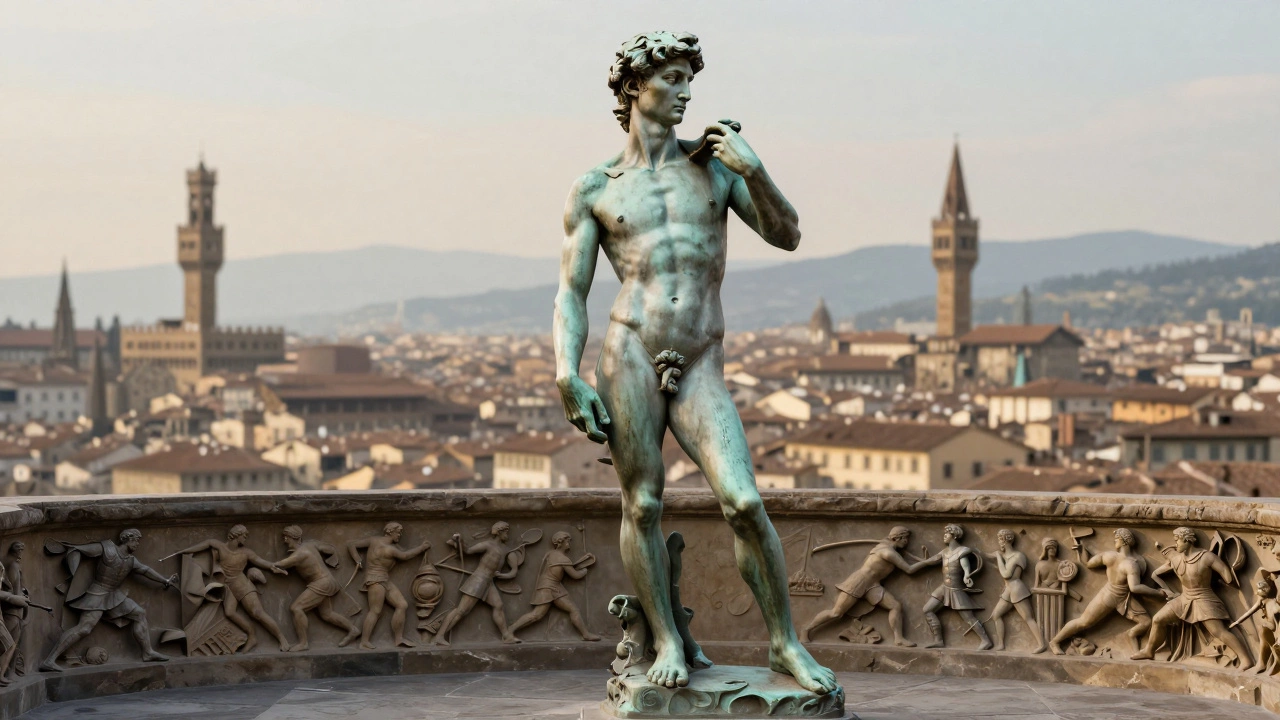 Donatello's youthful David standing triumphantly, barefoot, with discarded armor, gleaming in soft morning light.