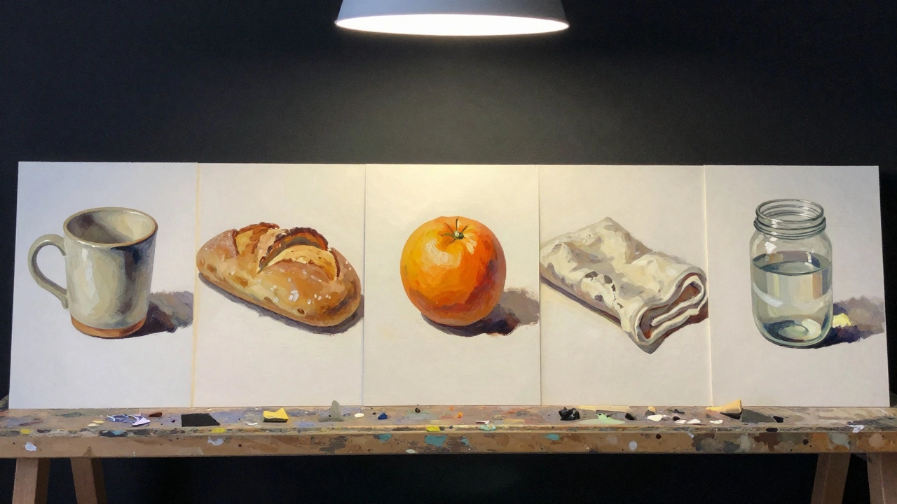 Five simple oil paintings in progression, showing everyday objects studied with light and shadow.