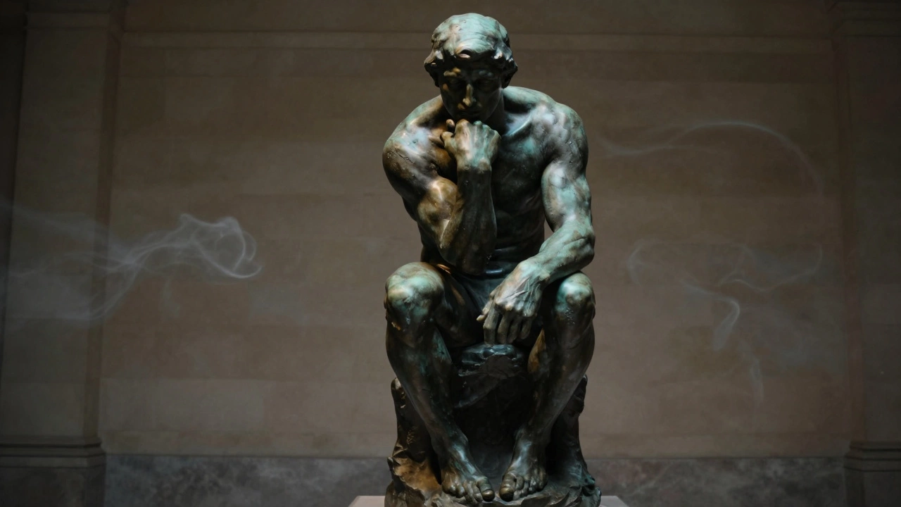 Rodin's The Thinker in bronze, with visible tool marks, radiating intense inner thought under moody lighting.