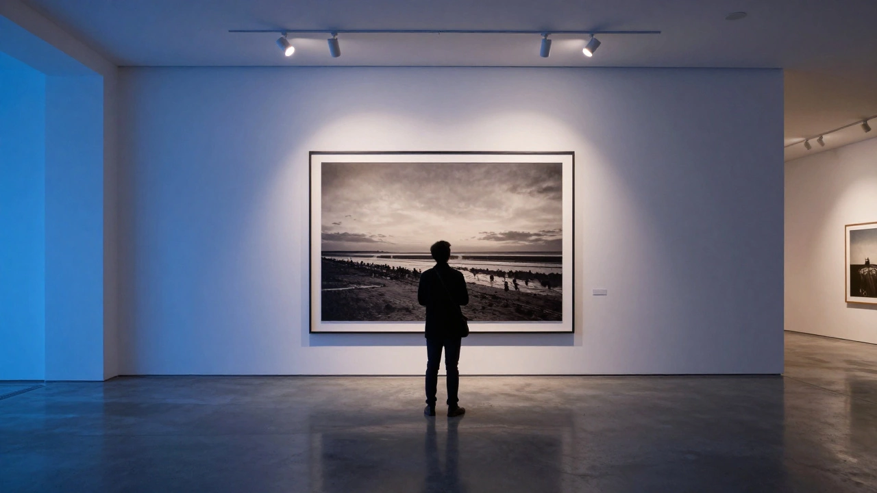 Silhouette of collector viewing large photo in modern gallery