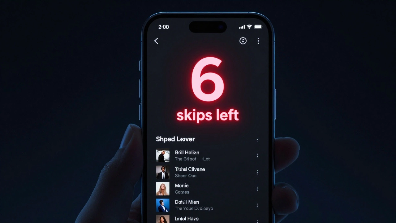 Smartphone screen showing Spotify Free with only 6 skips left and an ad timer counting down.