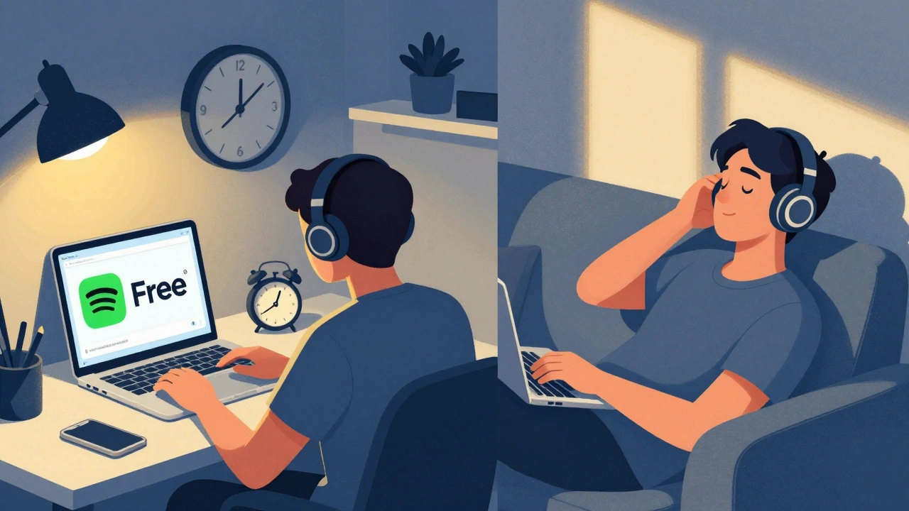 Split image contrasting frustrated free user with relaxed Premium user listening without ads.