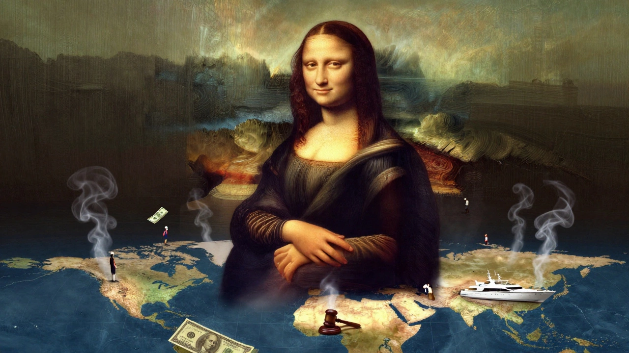 The Mona Lisa as a glowing monument above a global map, with money and luxury items dissolving into smoke around her.