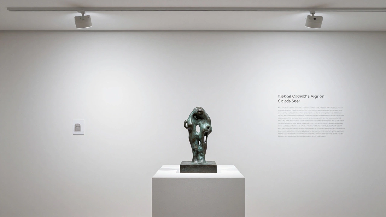 A bronze sculpture on a white plinth next to an art exhibition label