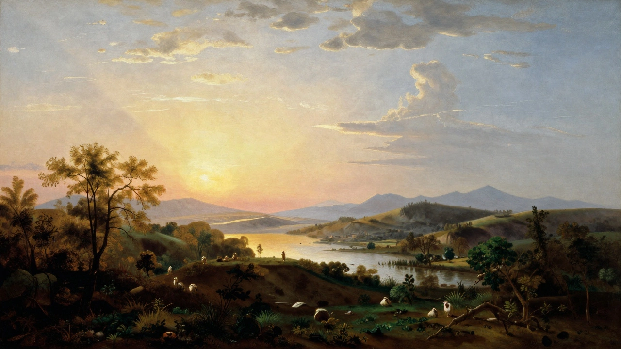 A classical landscape painting showing golden hour light and aerial perspective.