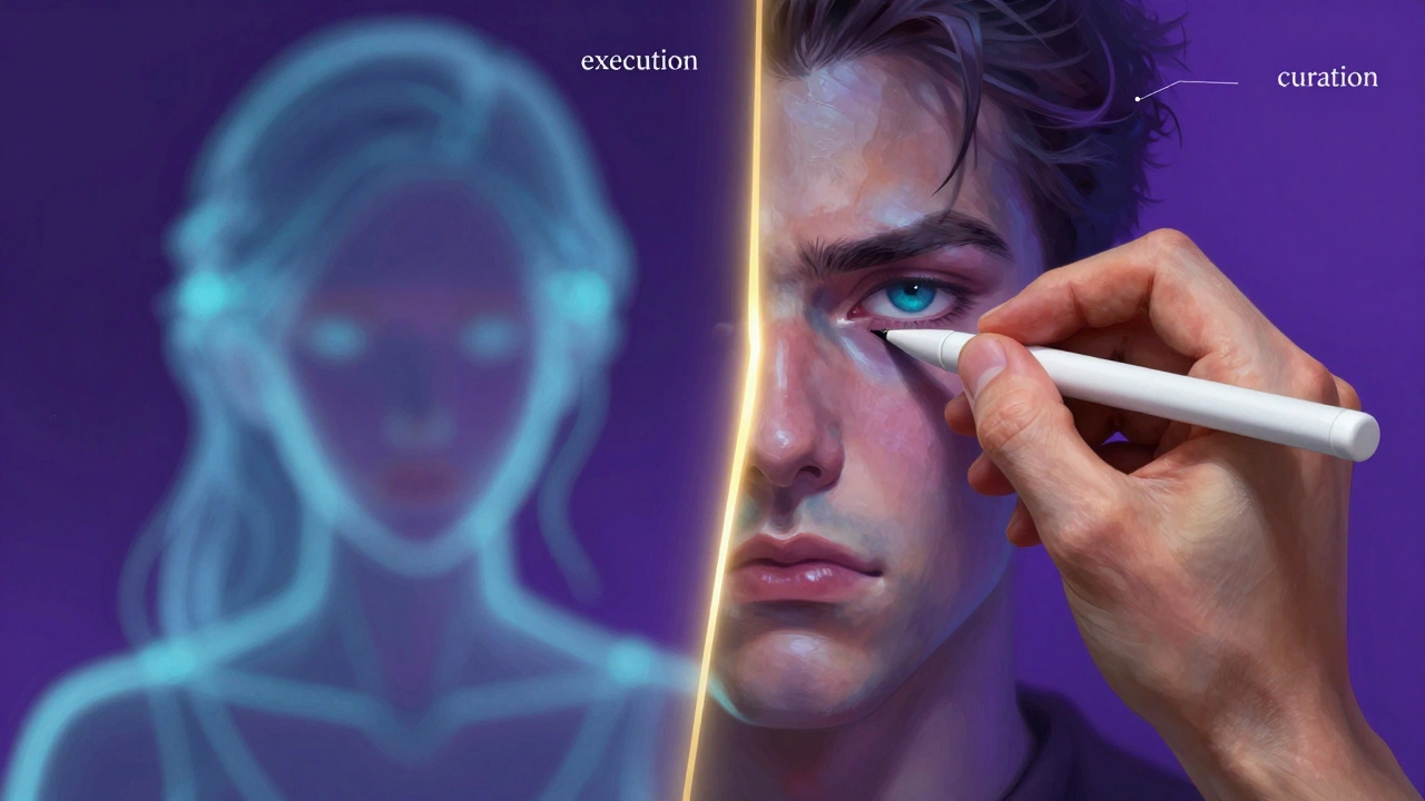 A human hand refining a digital character's expression to contrast with AI art