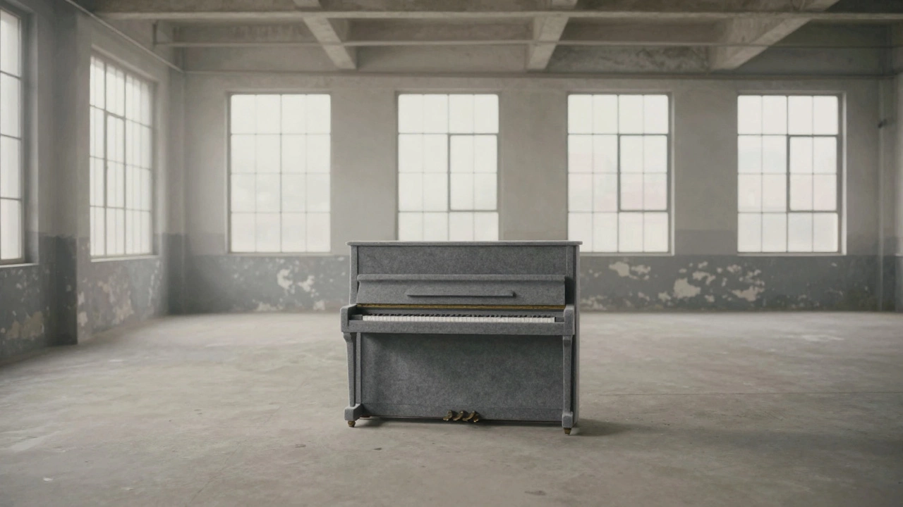 A lone piano in a large, empty industrial warehouse with soft, hazy lighting
