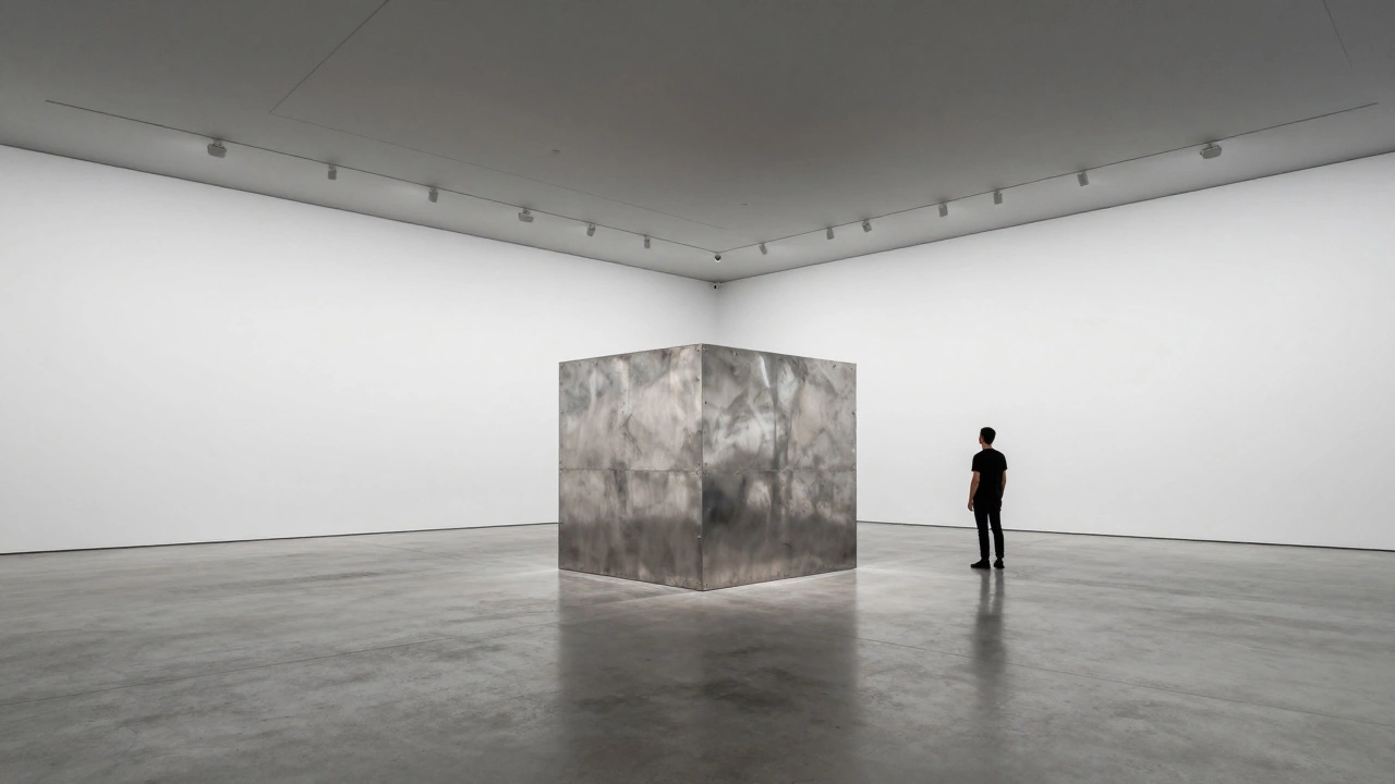 A person standing before a large minimal steel cube in a white gallery space.