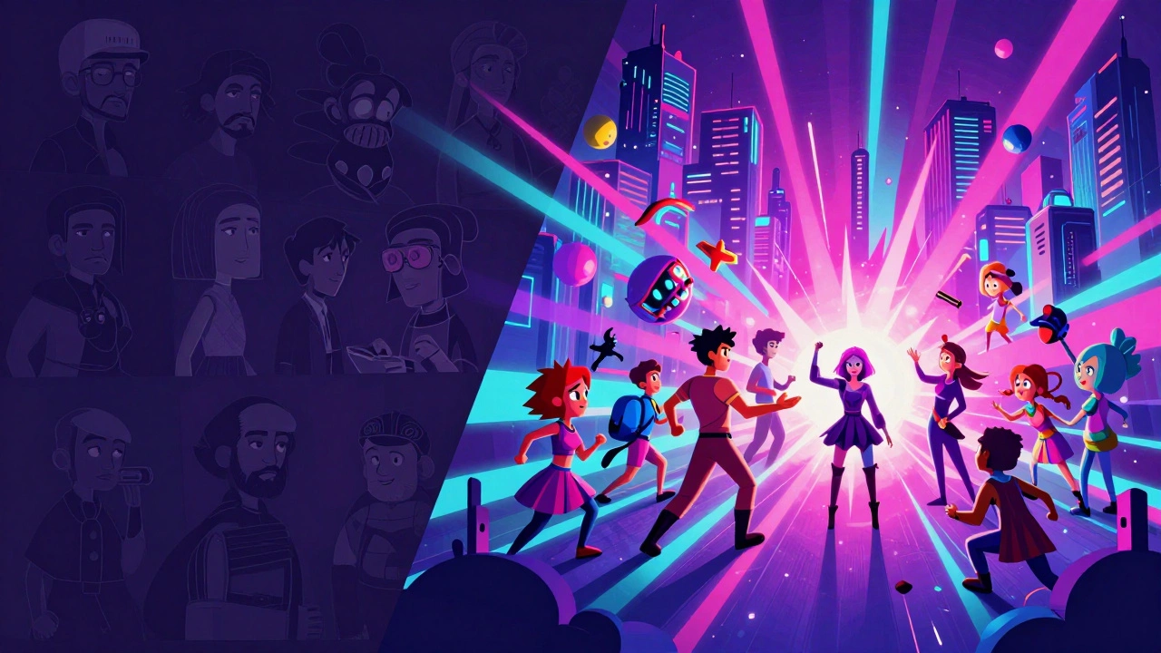 A split screen showing a transition from generic fan art to a vibrant, original cyberpunk world.