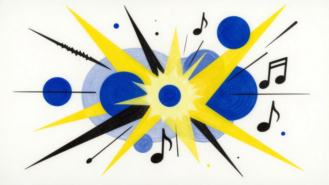 Abstract composition of colorful geometric shapes and lines evoking musical sounds.