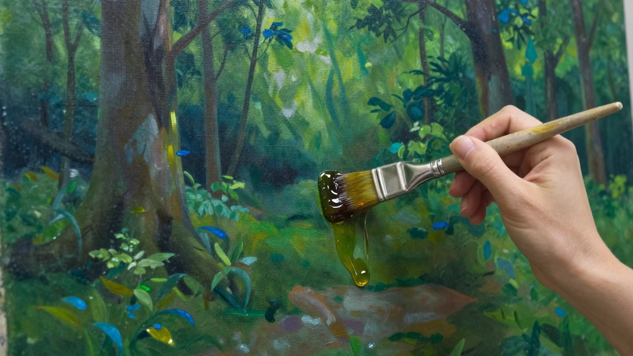An artist applying a transparent glaze to a forest painting to restore depth and luminosity.