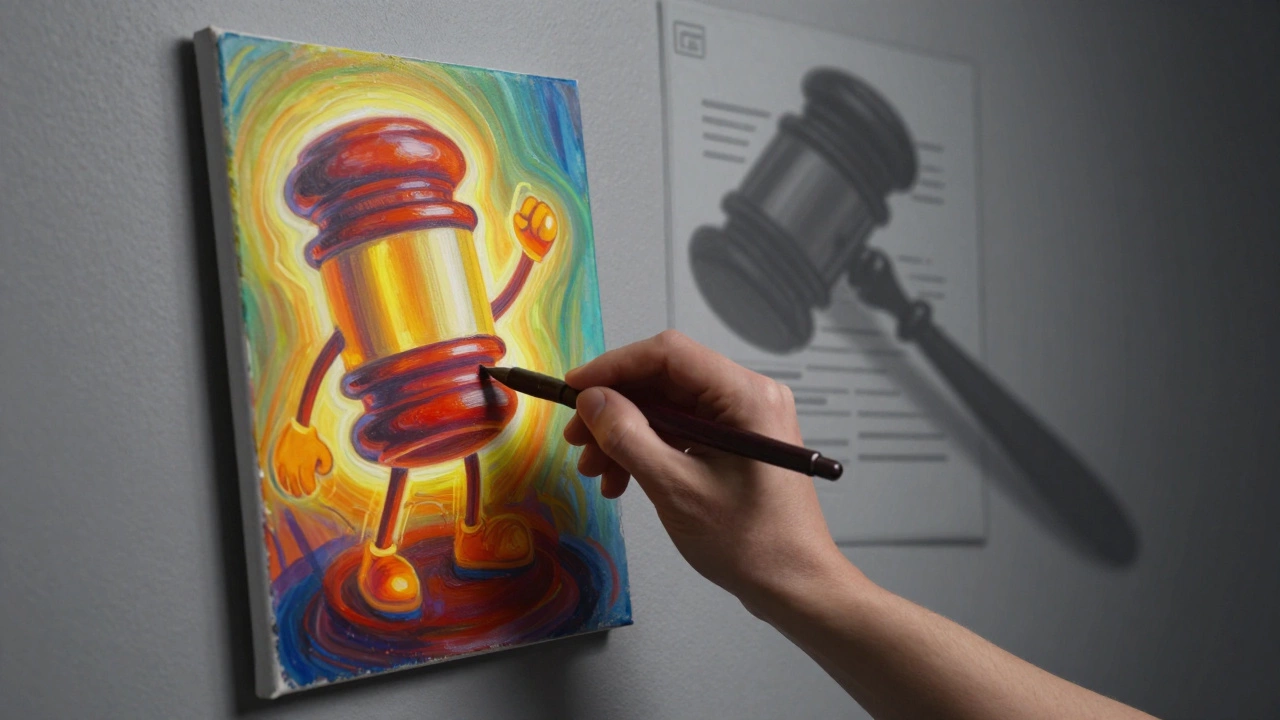An artist painting a colorful character while a grey legal gavel shadow looms over the canvas.
