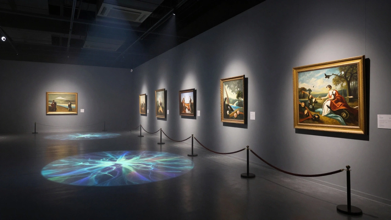 An immersive art gallery with digital projections and charcoal-colored walls