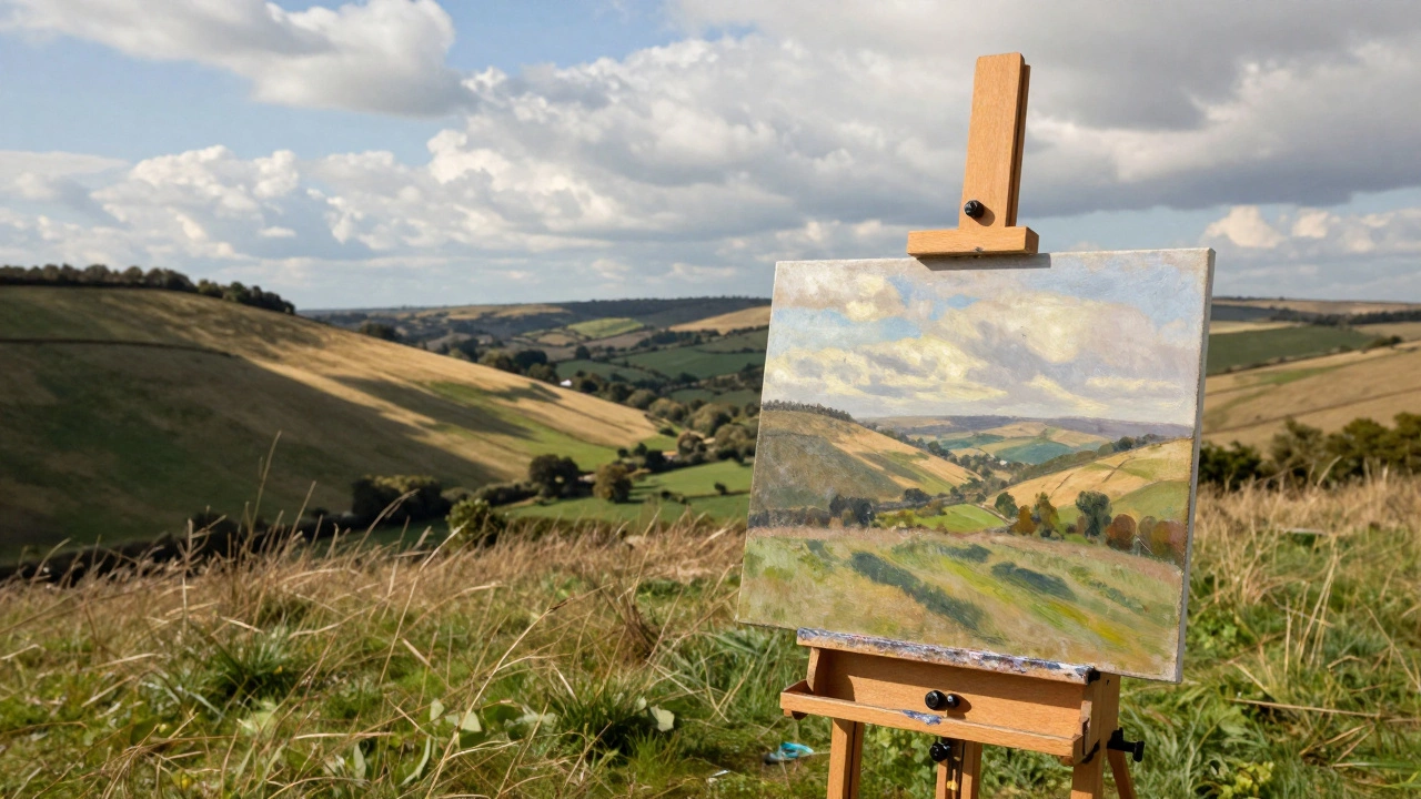 An outdoor painting setup with a French easel on a grassy hill overlooking a valley