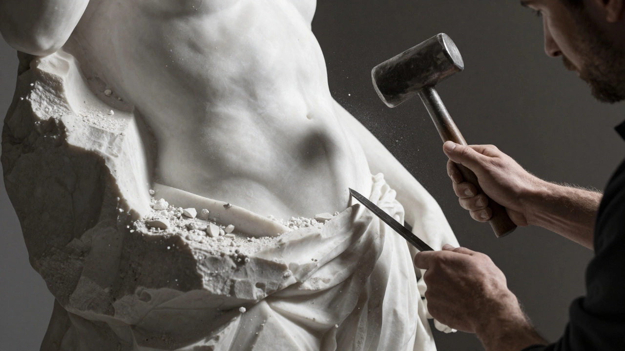 Artist carving a classical figure from a white marble block with a chisel