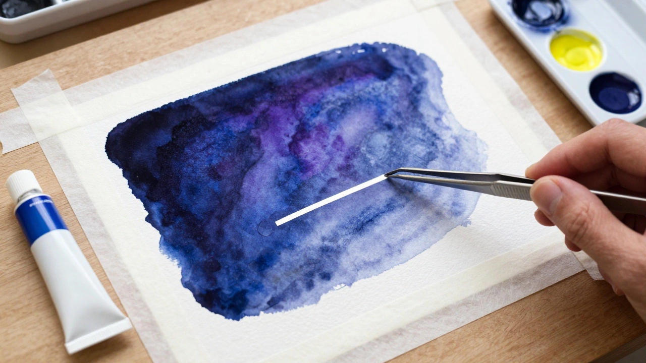 Artist peeling masking fluid off heavy watercolor paper to reveal a white edge