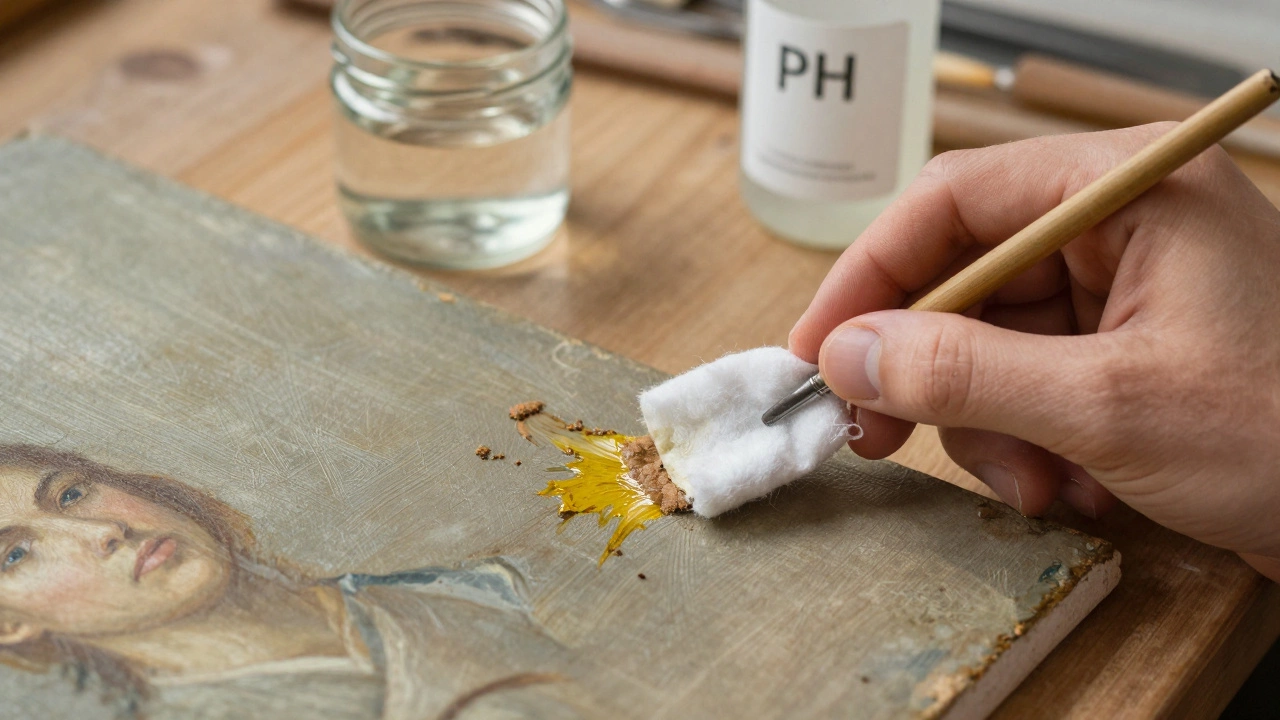 Close-up of a cotton swab removing grime from an oil painting in a restoration studio.