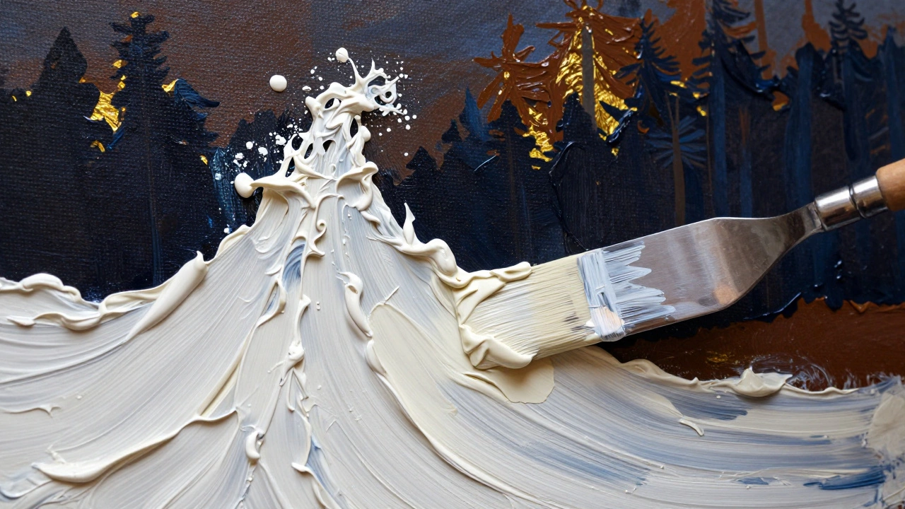 Close-up of thick impasto paint and scumbling techniques on a landscape canvas