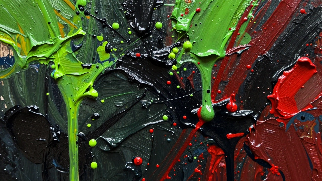 Close-up of thick, textured impasto paint with splatters and drips in neon colors.